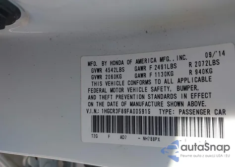 2015 Honda Accord Ex-L V-6 из США, поврежденный, VIN 1HGCR3F89FA005915